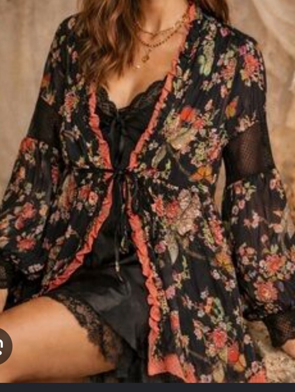 We Are Hah Sheer Black Floral Tie-Front Kimono with Pink Trim